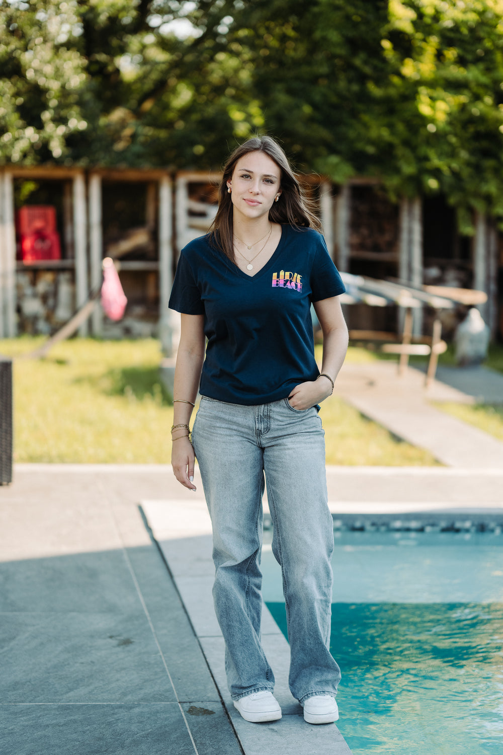 T-shirt col en V - 100% Coton bio - Bleu Navy